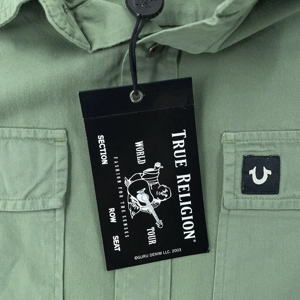 True Religion Shirt Mens Medium Olive Green Button Up Long Sleeve Logo Patch‎
